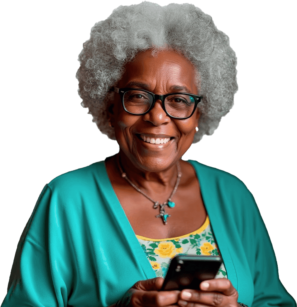 Dona Zuria, senhora negra de cabelos grisalhos e óculos, sorrindo com o celular nas mãos
