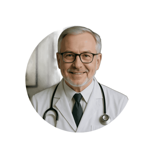 Dr. Shunt, médico de cabelos grisalhos com jaleco branco e estetoscópio